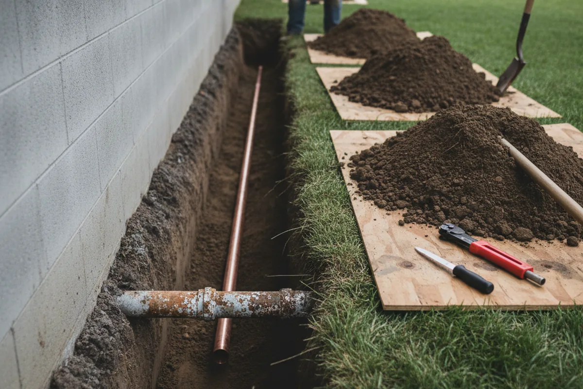 Excavated water line trench during Water Softener Installation in Carlyle